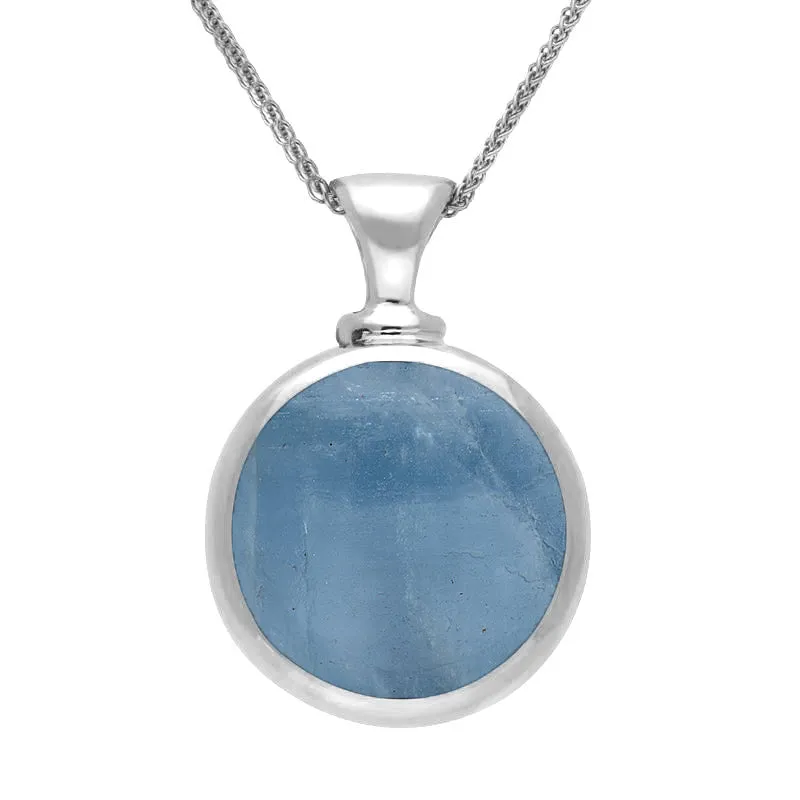 Sterling Silver Whitby Jet Aquamarine Double Sided Round Dinky Fob Necklace