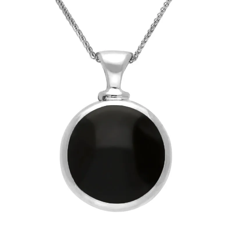 Sterling Silver Whitby Jet Aquamarine Double Sided Round Dinky Fob Necklace