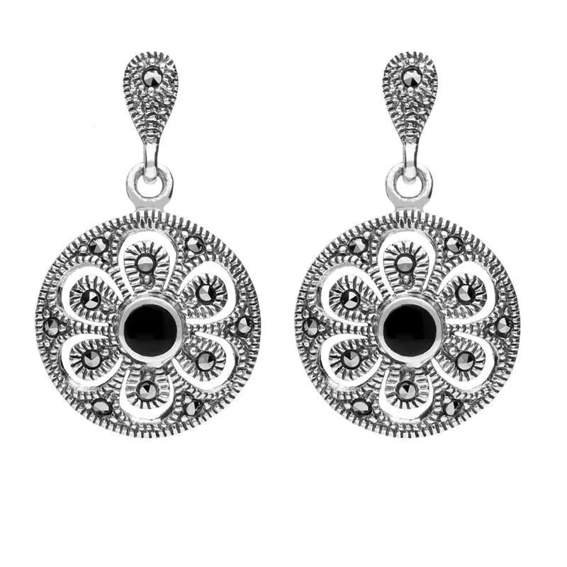 Sterling Silver Whitby Jet Art Deco Floral Marcasite Drop Earrings