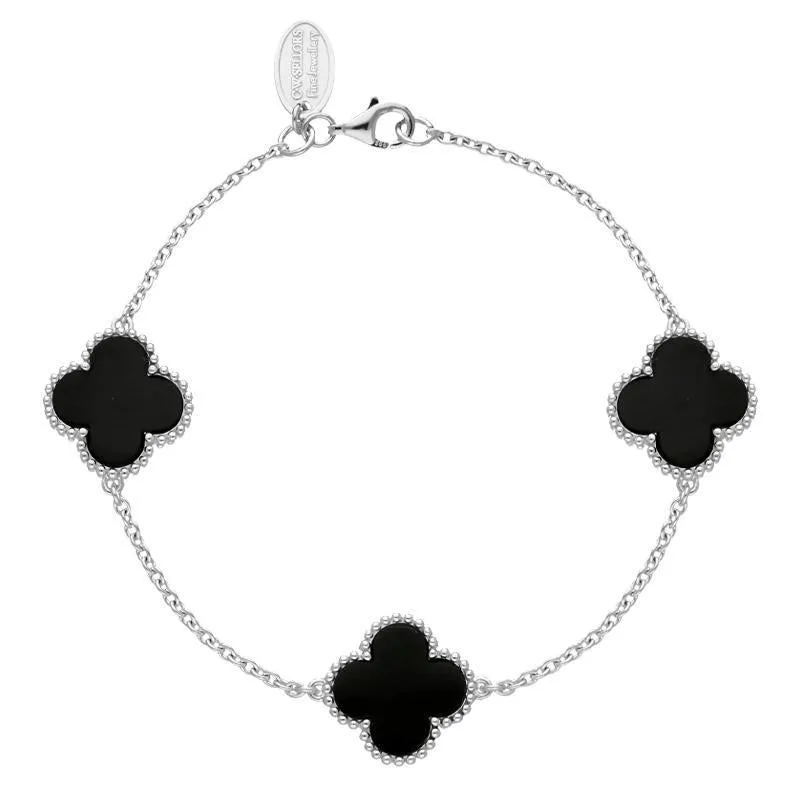 Sterling Silver Whitby Jet Bloom Four Leaf Clover Ball Edge Chain Bracelet