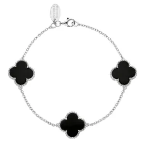 Sterling Silver Whitby Jet Bloom Four Leaf Clover Ball Edge Chain Bracelet
