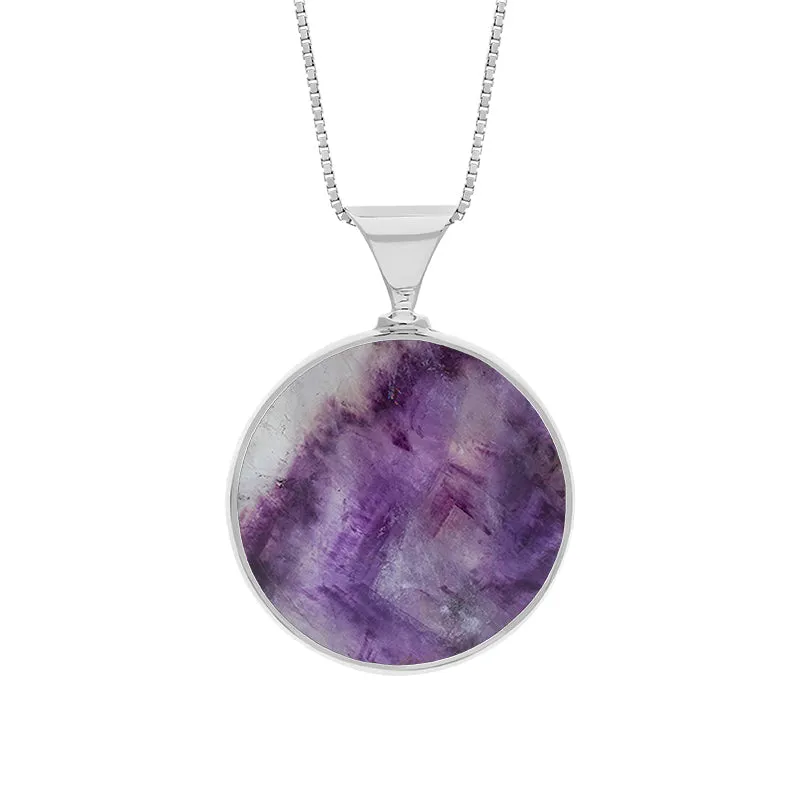 Sterling Silver Whitby Jet Blue John King's Coronation Hallmark Double Sided Round Necklace D