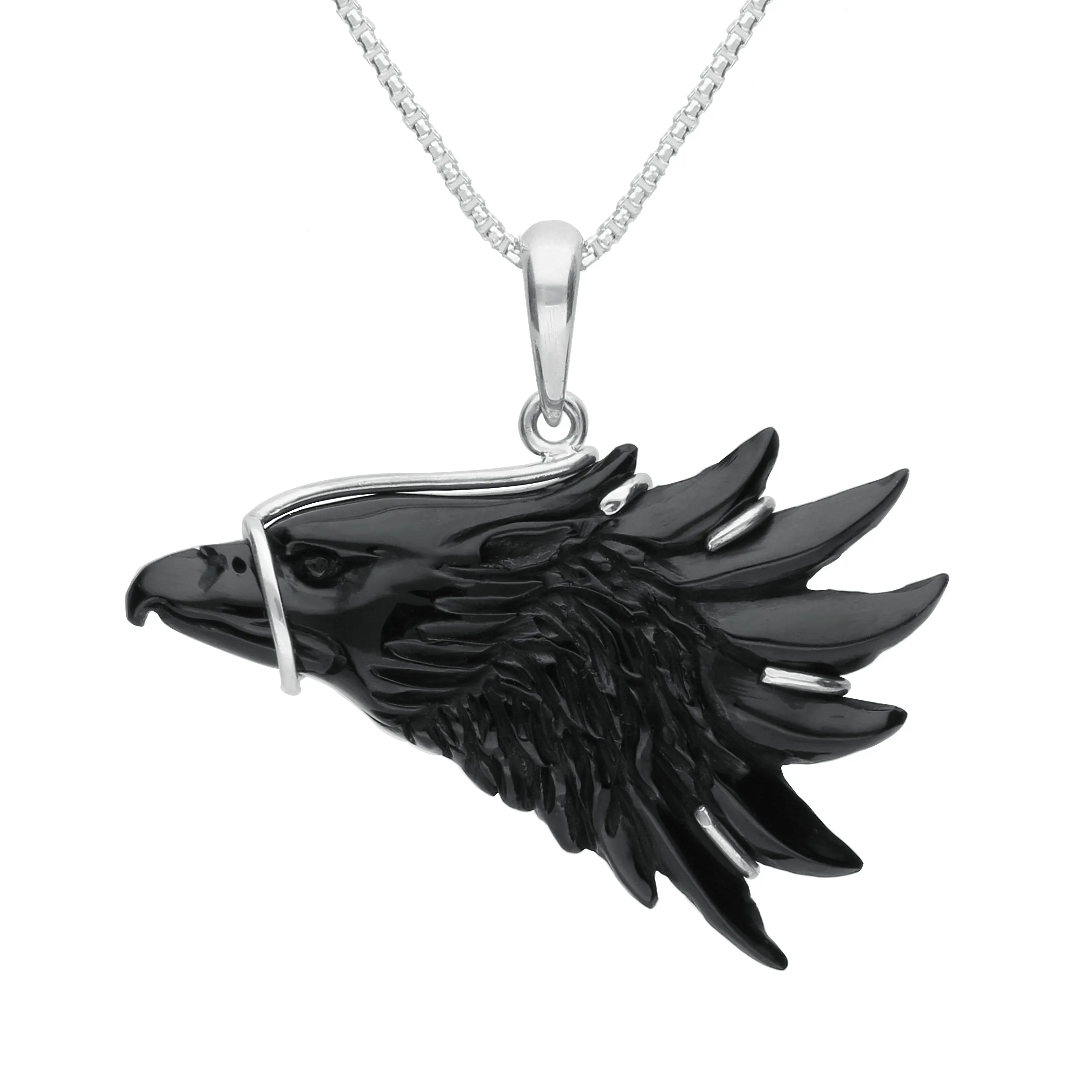 Sterling Silver Whitby Jet Carved Eagle Head Necklace