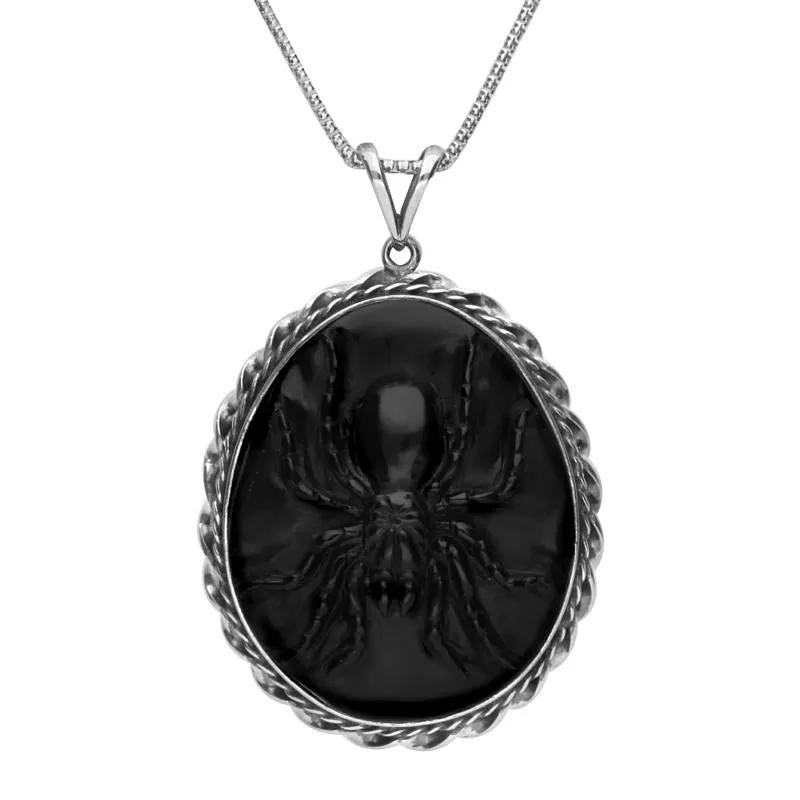 Sterling Silver Whitby Jet Carved Oval Spider Necklace D