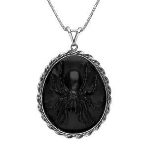 Sterling Silver Whitby Jet Carved Oval Spider Necklace D