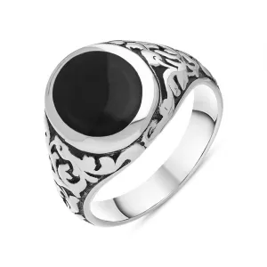 Sterling Silver Whitby Jet Carved Shoulder Oval Signet Ring