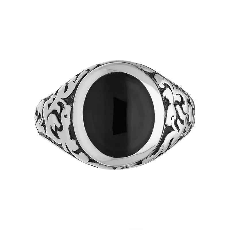 Sterling Silver Whitby Jet Carved Shoulder Oval Signet Ring