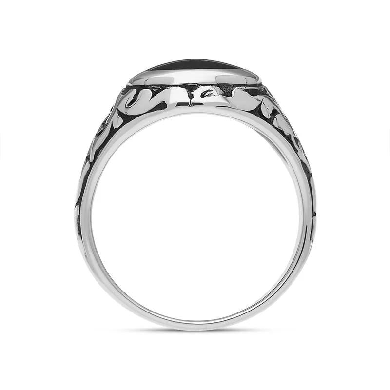 Sterling Silver Whitby Jet Carved Shoulder Oval Signet Ring