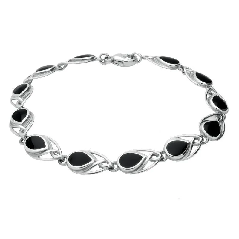 Sterling Silver Whitby Jet Celtic Twelve Stone Pear Bracelet