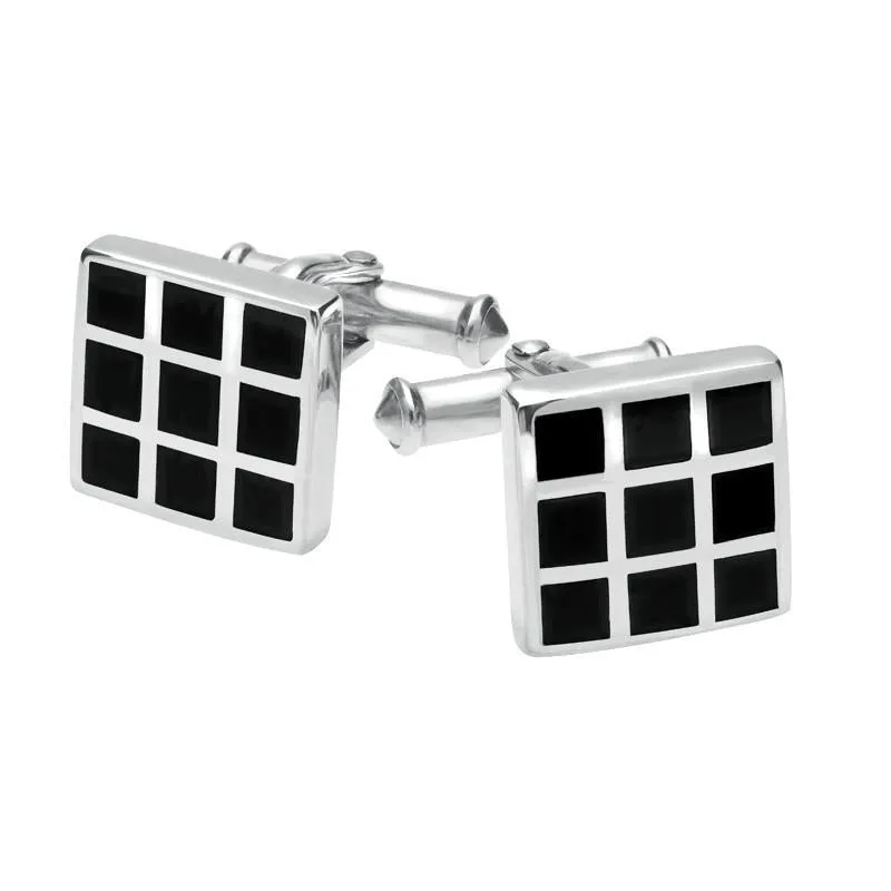 Sterling Silver Whitby Jet Chequered Cufflinks