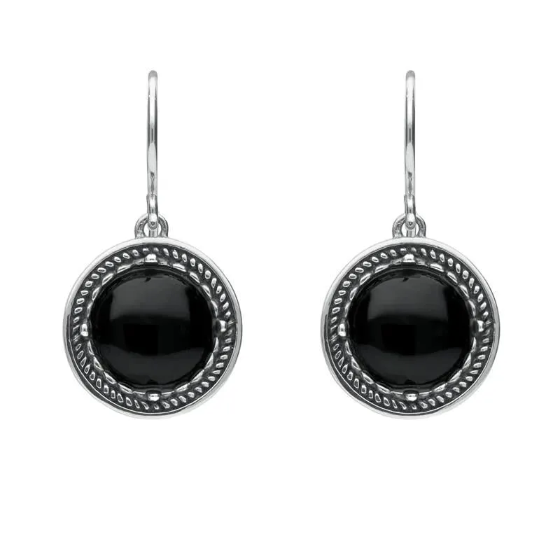 Sterling Silver Whitby Jet Circle Stone Oxidised Drop Earrings
