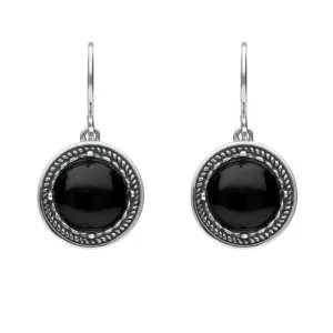 Sterling Silver Whitby Jet Circle Stone Oxidised Drop Earrings