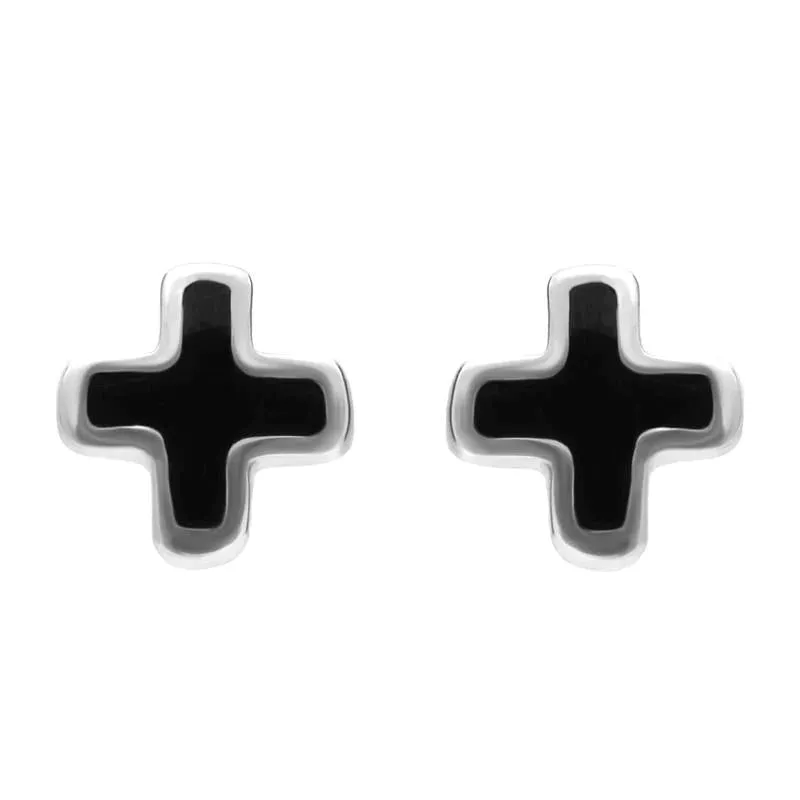 Sterling Silver Whitby Jet Cross Shaped Stud Earrings D
