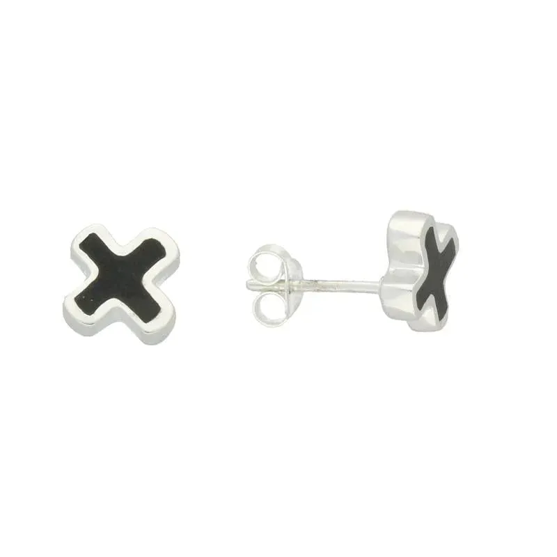 Sterling Silver Whitby Jet Cross Shaped Stud Earrings D