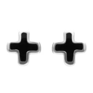Sterling Silver Whitby Jet Cross Shaped Stud Earrings D
