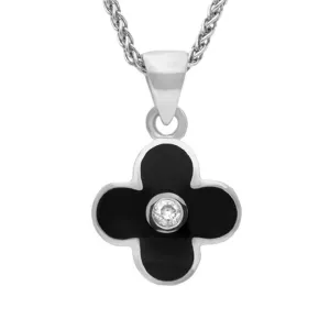 Sterling Silver Whitby Jet Cubic Zirconia Four Leaf Clover Necklace