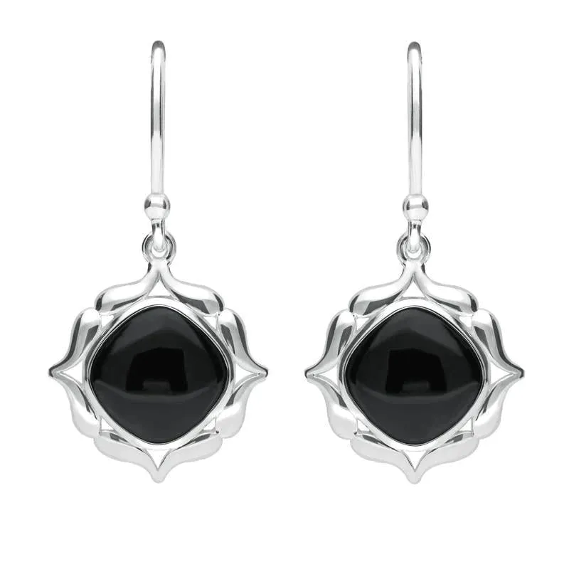 Sterling Silver Whitby Jet Cushion Fancy Edged Drop Earrings