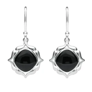 Sterling Silver Whitby Jet Cushion Fancy Edged Drop Earrings