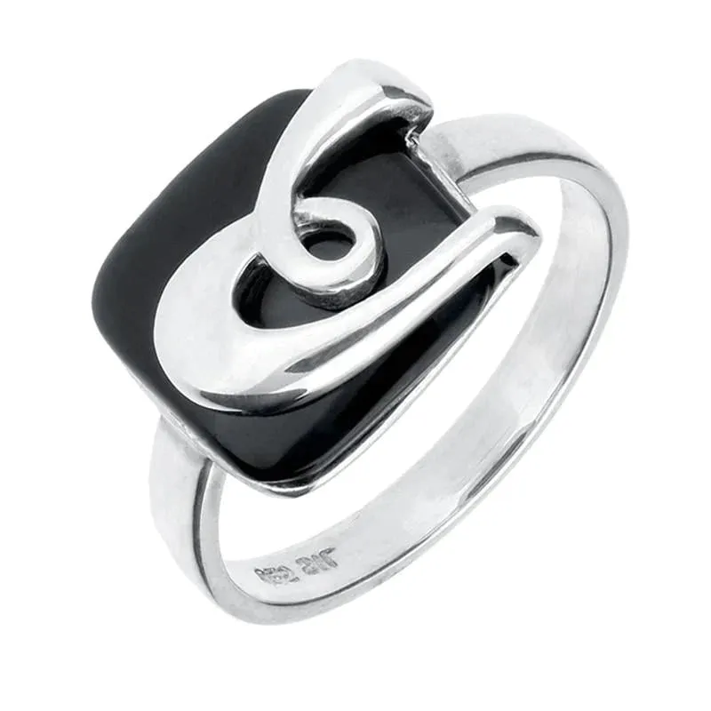 Sterling Silver Whitby Jet Cushion Pattern Ring