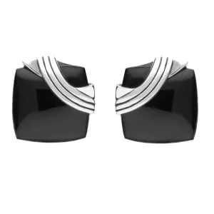 Sterling Silver Whitby Jet Cushion Ridge Stud Earrings