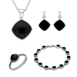 Sterling Silver Whitby Jet Cushion Shaped Four Piece Set