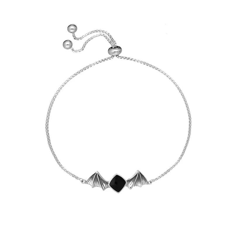 Sterling Silver Whitby Jet Cushion Stone Adjustable Bat Bracelet