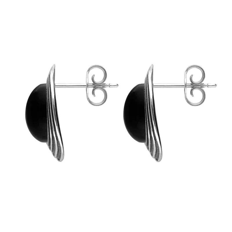 Sterling Silver Whitby Jet Cushion Stone Pattern Edge Stud Earrings