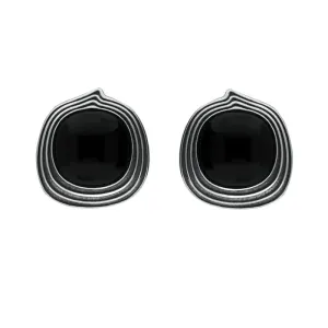 Sterling Silver Whitby Jet Cushion Stone Pattern Edge Stud Earrings