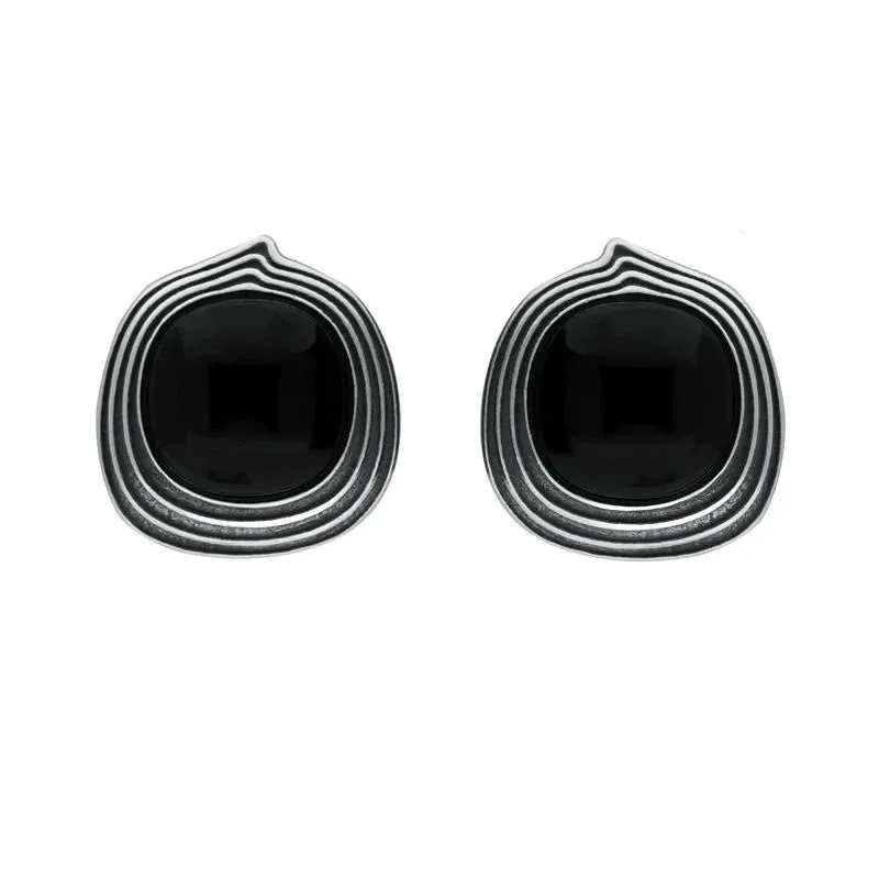 Sterling Silver Whitby Jet Cushion Stone Pattern Edge Stud Earrings