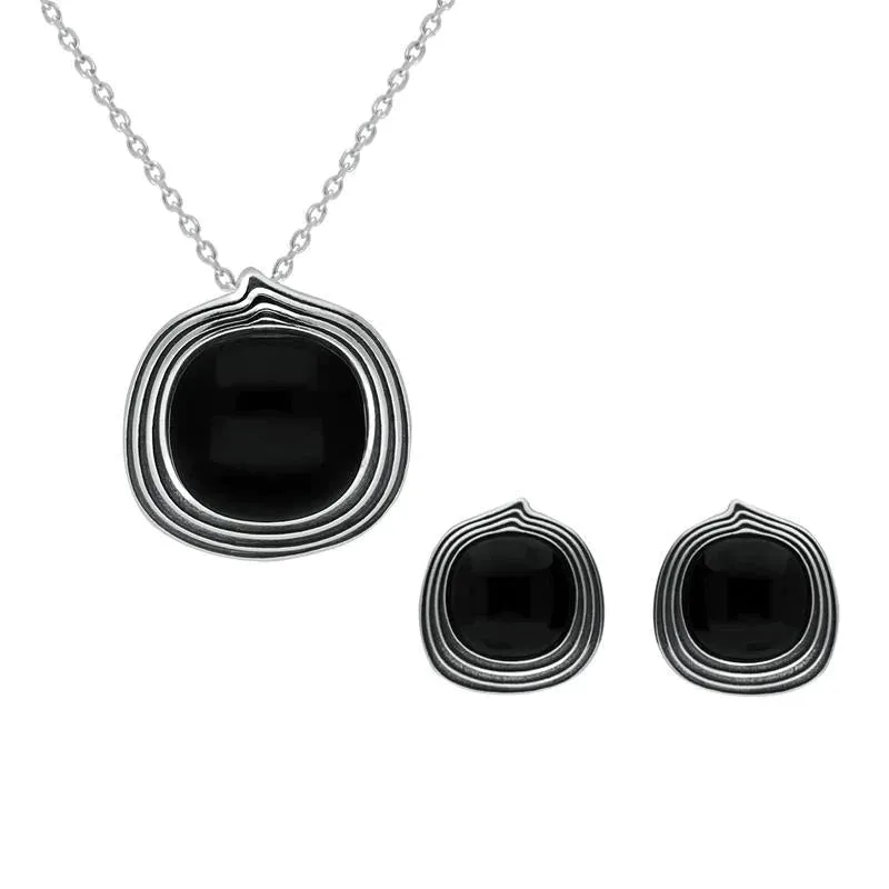 Sterling Silver Whitby Jet Cushion Stone pattern Edge Two Piece Set