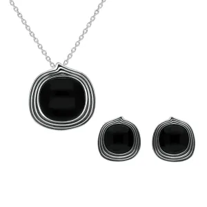 Sterling Silver Whitby Jet Cushion Stone pattern Edge Two Piece Set