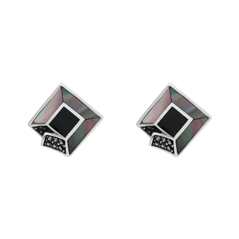 Sterling Silver Whitby Jet Dark Mother of Pearl Marcasite Stud Earrings D