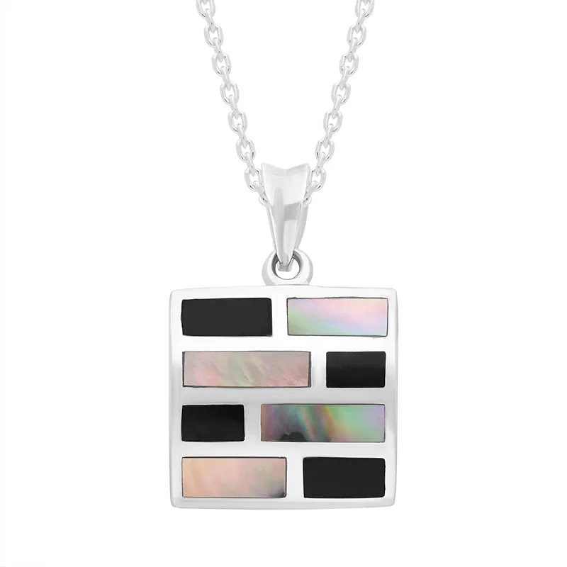 Sterling Silver Whitby Jet Dark Mother of Pearl Square Necklace D