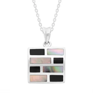 Sterling Silver Whitby Jet Dark Mother of Pearl Square Necklace D