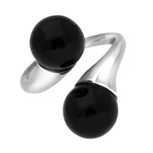 Sterling Silver Whitby Jet Double Bead Twist Ring
