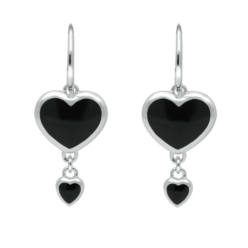 Sterling Silver Whitby Jet Double Heart Hook Earrings