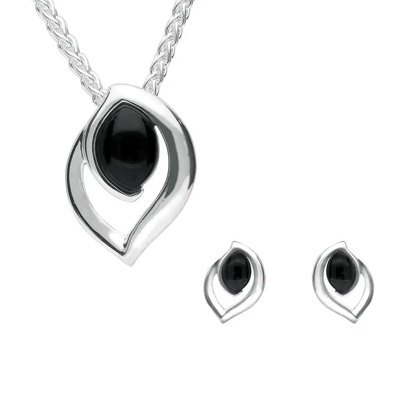 Sterling Silver Whitby Jet Flame Shaped Two Piece Set