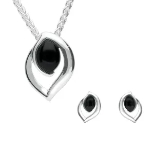 Sterling Silver Whitby Jet Flame Shaped Two Piece Set