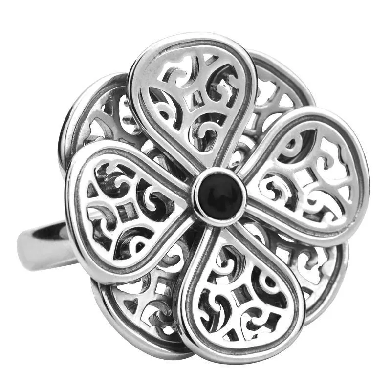 Sterling Silver Whitby Jet Flore Eight Petal Filigree Ring