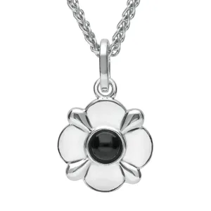 Sterling Silver Whitby Jet Four Petal Flower Necklace