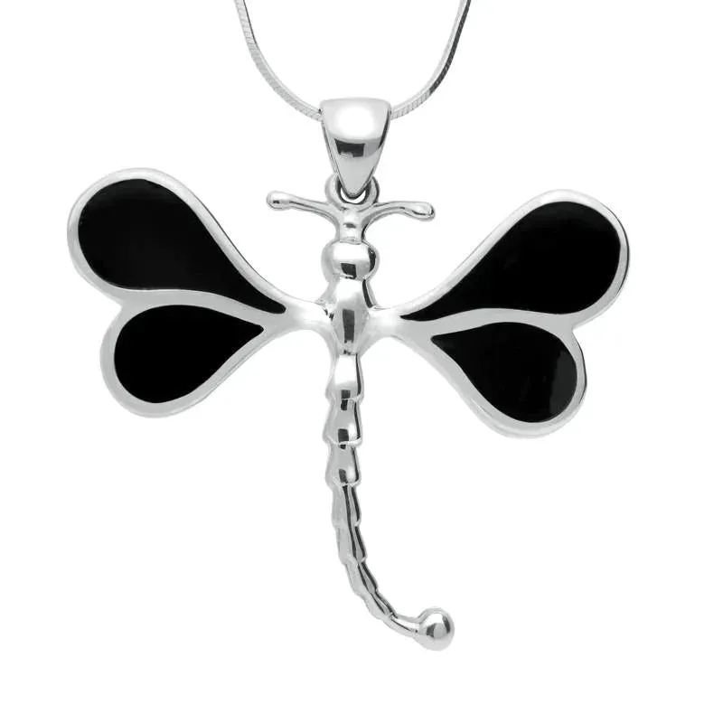 Sterling Silver Whitby Jet Four Stone Dragonfly Necklace