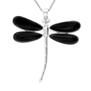 Sterling Silver Whitby Jet Four Stone Large Dragonfly Necklace