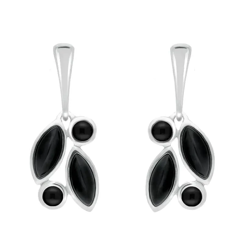 Sterling Silver Whitby Jet Four Stone Leaf Drop Two Piece Set