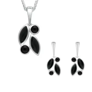 Sterling Silver Whitby Jet Four Stone Leaf Drop Two Piece Set