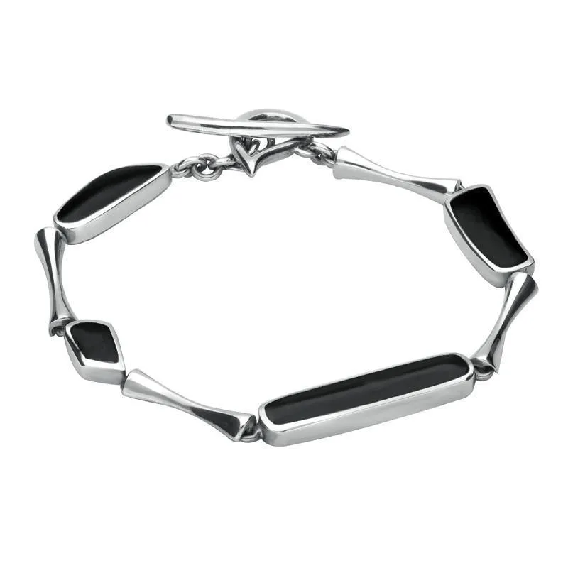 Sterling Silver Whitby Jet Four Stone Organic Pear T Bar Bracelet