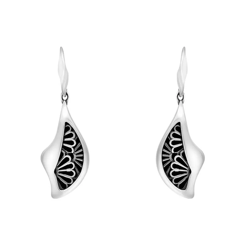 Sterling Silver Whitby Jet Gothic Filigree Fan Drop Earrings