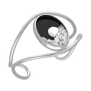 Sterling Silver Whitby Jet Gothic Moon and Cloud Cuff Bangle