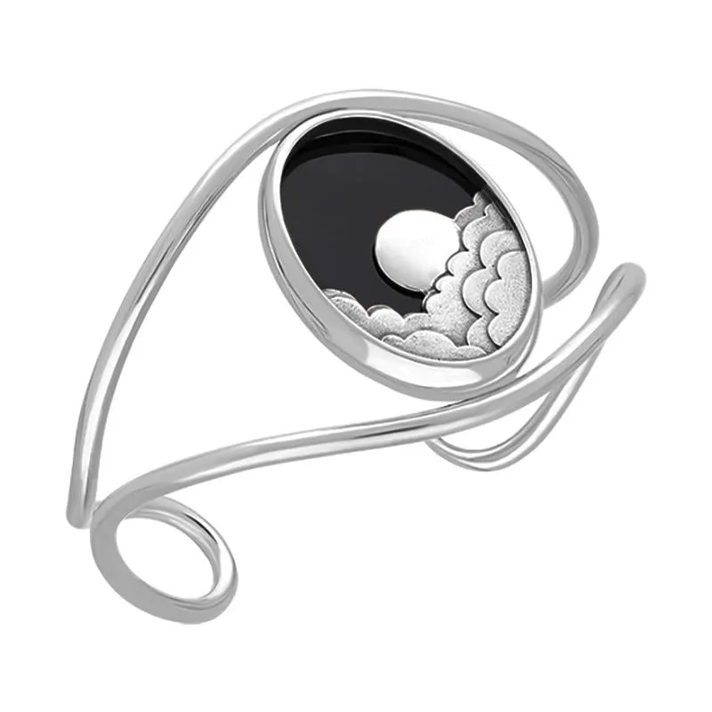 Sterling Silver Whitby Jet Gothic Moon and Cloud Cuff Bangle