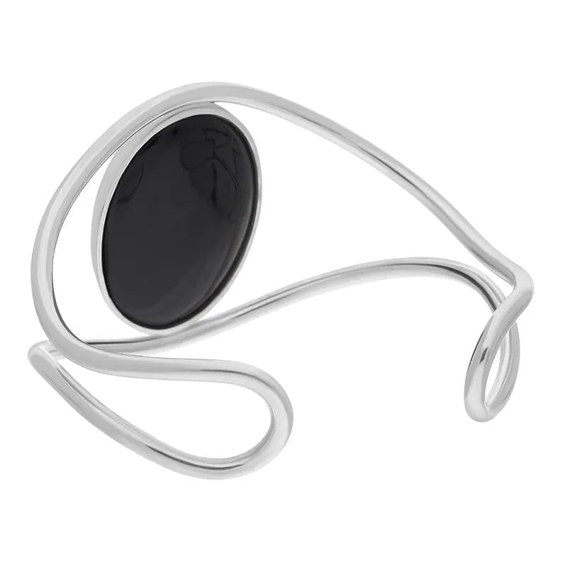 Sterling Silver Whitby Jet Gothic Moon and Cloud Cuff Bangle