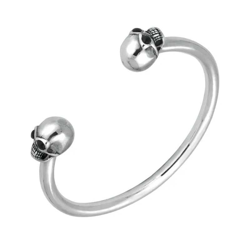 Sterling Silver Whitby Jet Gothic Skull Torc Bangle